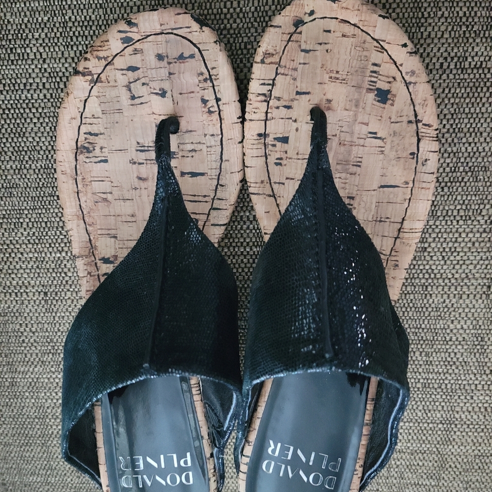 Donald Pliner Malone Black Metallic Soft Leather Cork Wedge Sandals W SZ 9